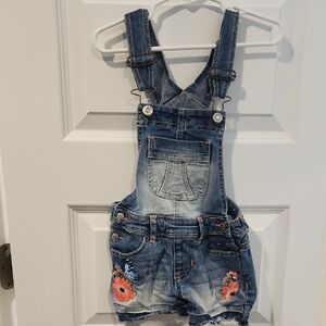 Jordache Coral/Pink and Blue Overalls with Frayed Details Embroidered Butterfly